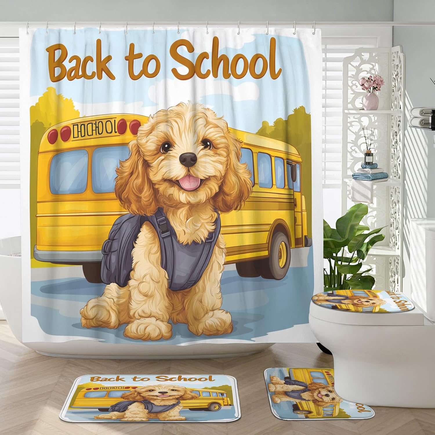 4PCS Cockapoo Dog School Bus Bathroom Accessory Sets with Non-Slip Rug, U Shape and Toilet Lid Cover Mat, Fun Back to School Puppy Bathroom Decorative-72''x72''