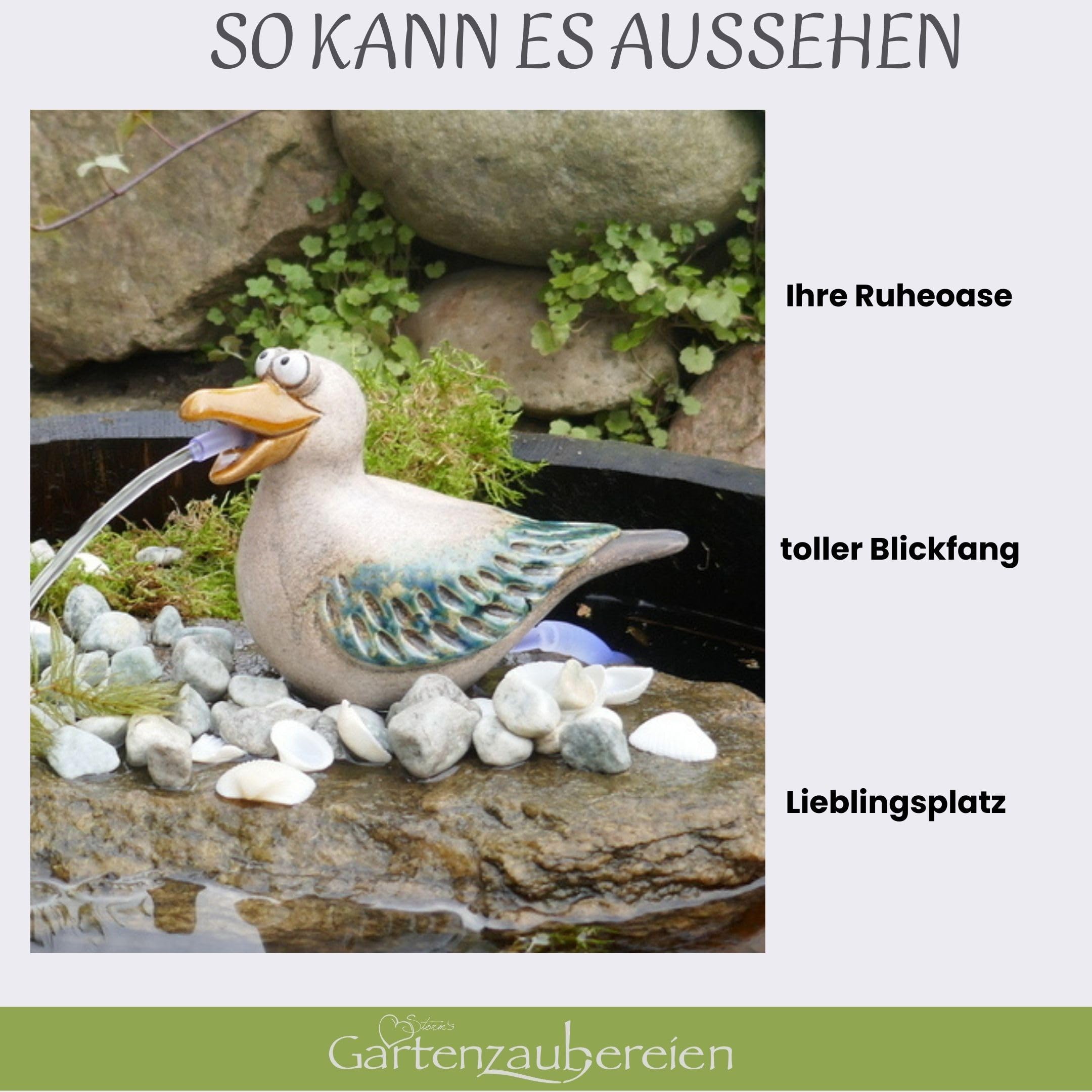 Storm's Gartenzaubereien Wasserspeier mit Akku - Solarpumpe Möwe für Teiche - Miniteiche - Keramik Tierfigur mit Akku-Pumpe - Maritime Deko für Garten und Balkon, Solarbrunnen