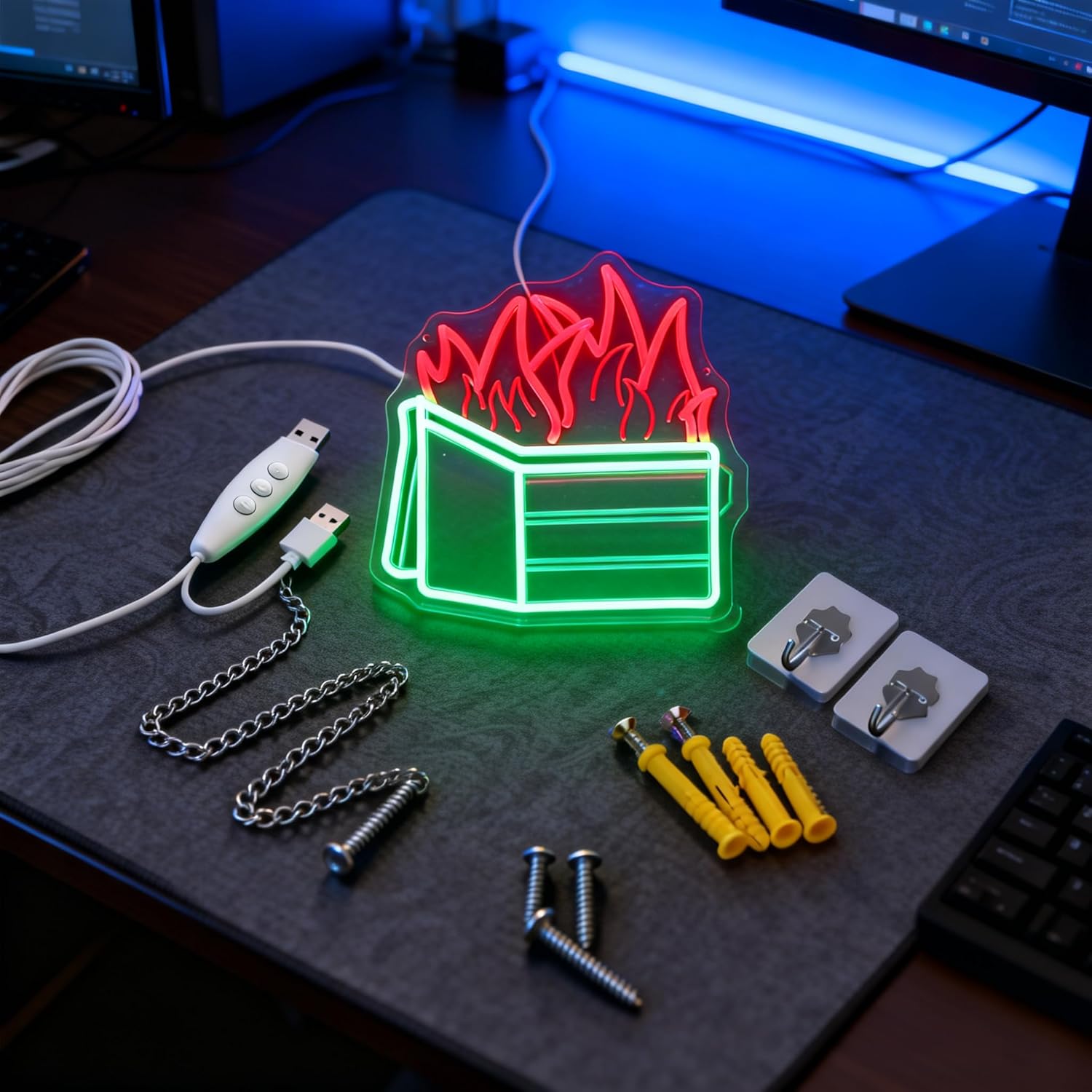 “Dumpster Fire” Neon Sign – Red Flames & Green Dumpster LED Wall Art, 12.8"x13.1" Dimmable with 3-Button Controller, Includes Hooks, Chain & Wall Anchors – Sarcastic Gift for Women