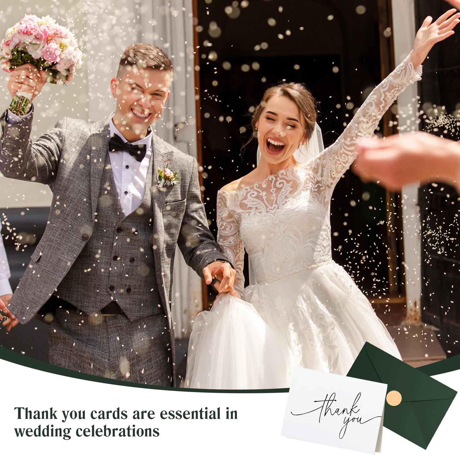 Tarjetas de agradecimiento con sobres, paquete de 144 unidades, Goefun de 4 x 6 pulgadas, notas de agradecimiento y calcomanías en blanco, forro elegante y 4 diseños elegantes para bodas, baby shower