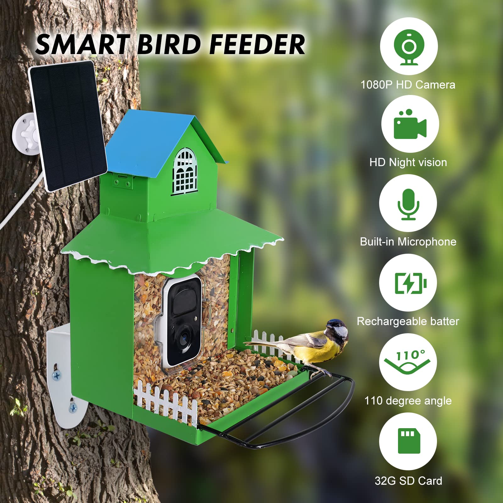 Mangeoire Solaire Intelligente Pour Oiseaux Avec Caméra, Appareil Photo, Mangeoires à Oiseaux Pour L'extérieur, Identifie Plus De 11 000 Espèces D' Oiseaux, Capture Automatique Des Oiseaux Et
