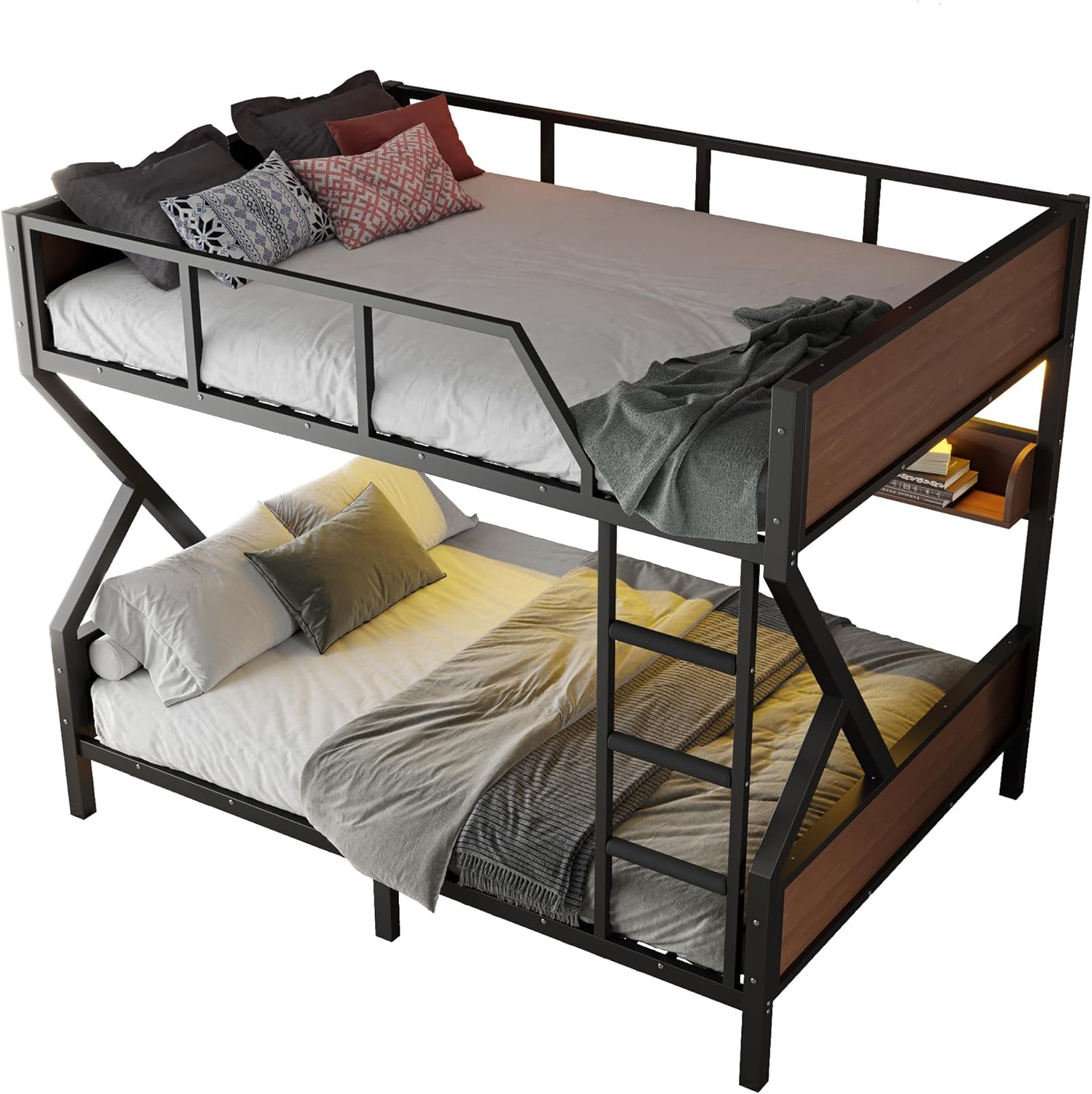 Bellemave Queen Over Queen Size Bunk Bed Frame with Storage Shelves and LED Lights,Heavy Duty Adult Bunk Beds with Angled Ladder,Metal Queen Bunk Bed,Woodgrain