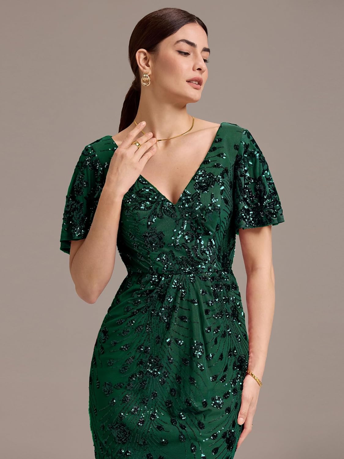 Ever-Pretty Women's Gorgeous V Neck Sequin Tulle Short Sleeves Bodycon Maxi Formal Evening Gowns 02370