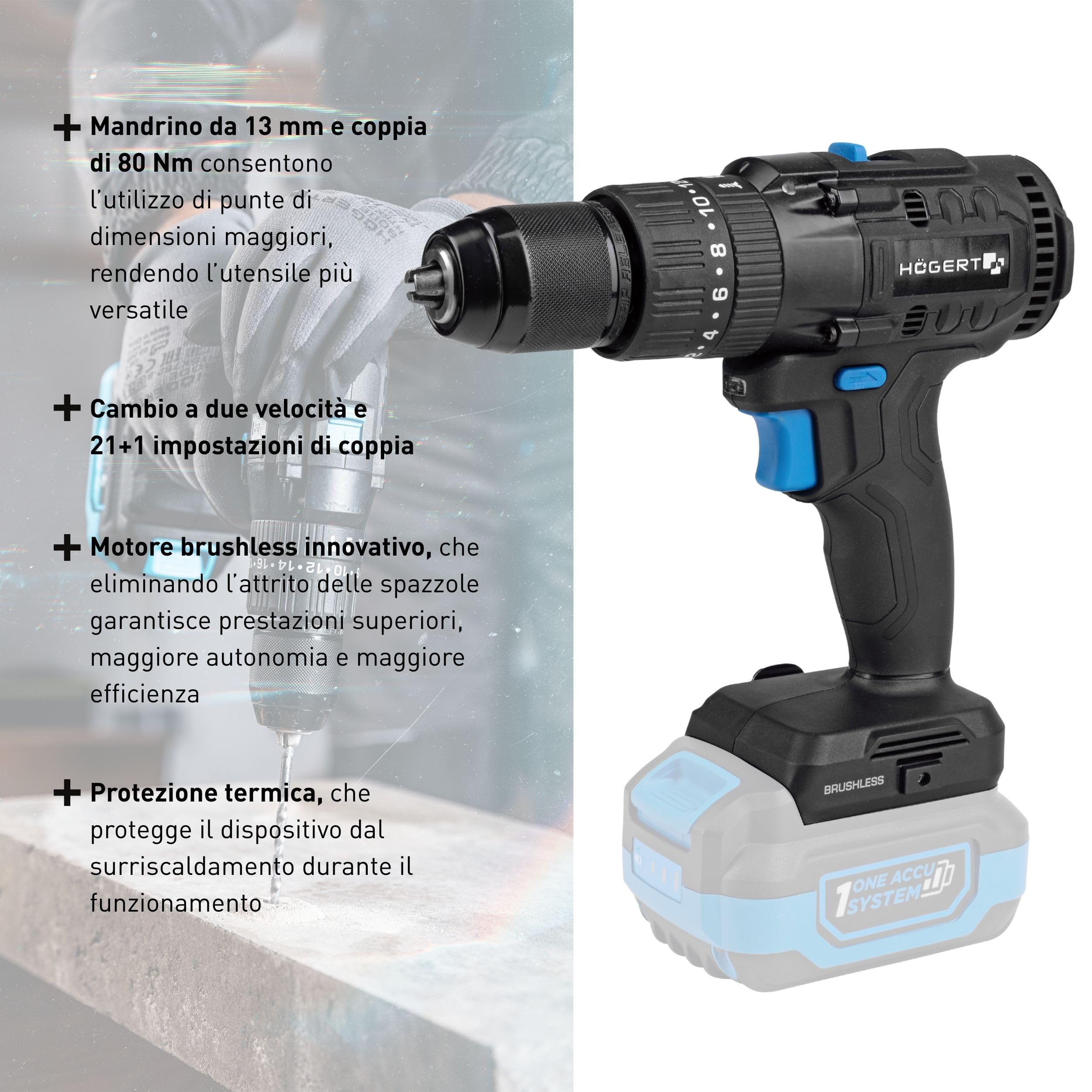 HÖGERT TECHNIK Kit perceuse à percussion brushless 18V, couple 80 Nm, batterie 4,0 Ah, chargeur 4A, éclairage LED, engrenage métallique, pour bois et métal + PROMO batterie 2,0 Ah