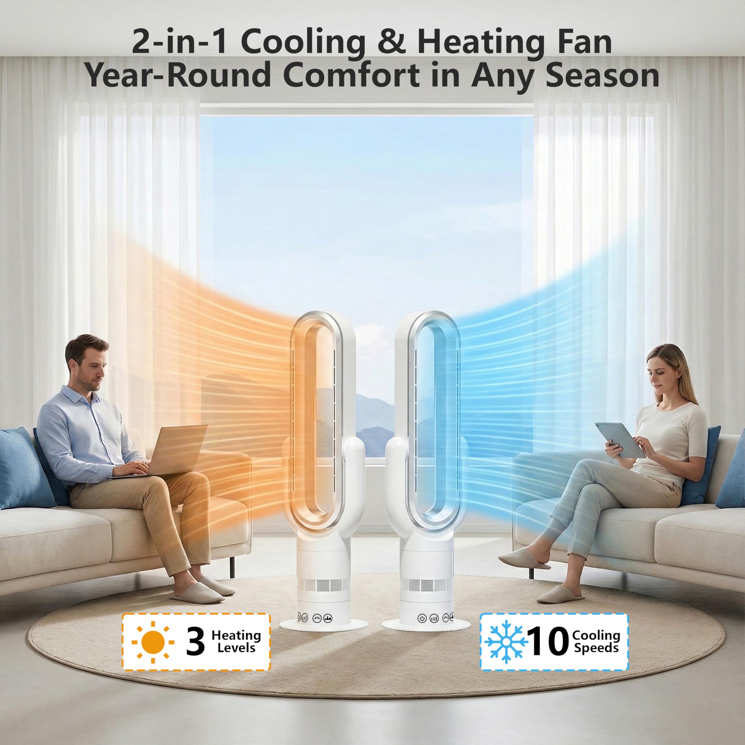 QG830 Ventilateur Tour Sans Pale, Chauffage & Refroidissement 2-en-1, Télécommande et Commande Tactile, 10 Modes Froid + 3 Chaud, Moteur DC Ultra-Silencieux