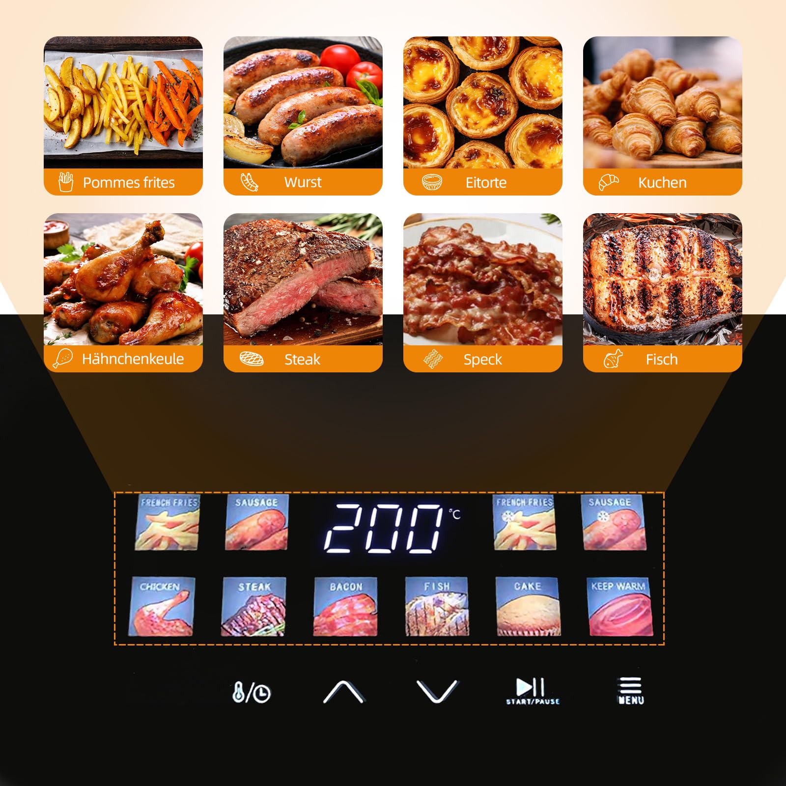 Freidora de aire caliente, 4,5 L, 1200 W, 8 programas | Pantalla LED digital, ventana de visualización, temporizador, freidora sin aceite