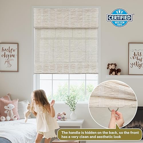 Miniatura 3 de Moonice Persianas romanas sin cordones para ventana, lino puro, tejido de hierba de cáñamo natural, persianas enrollables de privacidad para