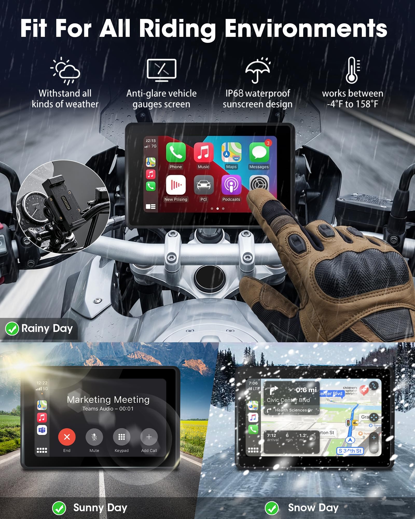 100% Universell Motorrad Carplay mit Netzteilhalterung Motorrad Navigationsgeräte mit Motorrad Navi CarPlay & Android Auto Wasserdichter 5-Zoll-Motorrad-Touchscreen,Plug & Play,1000 nit