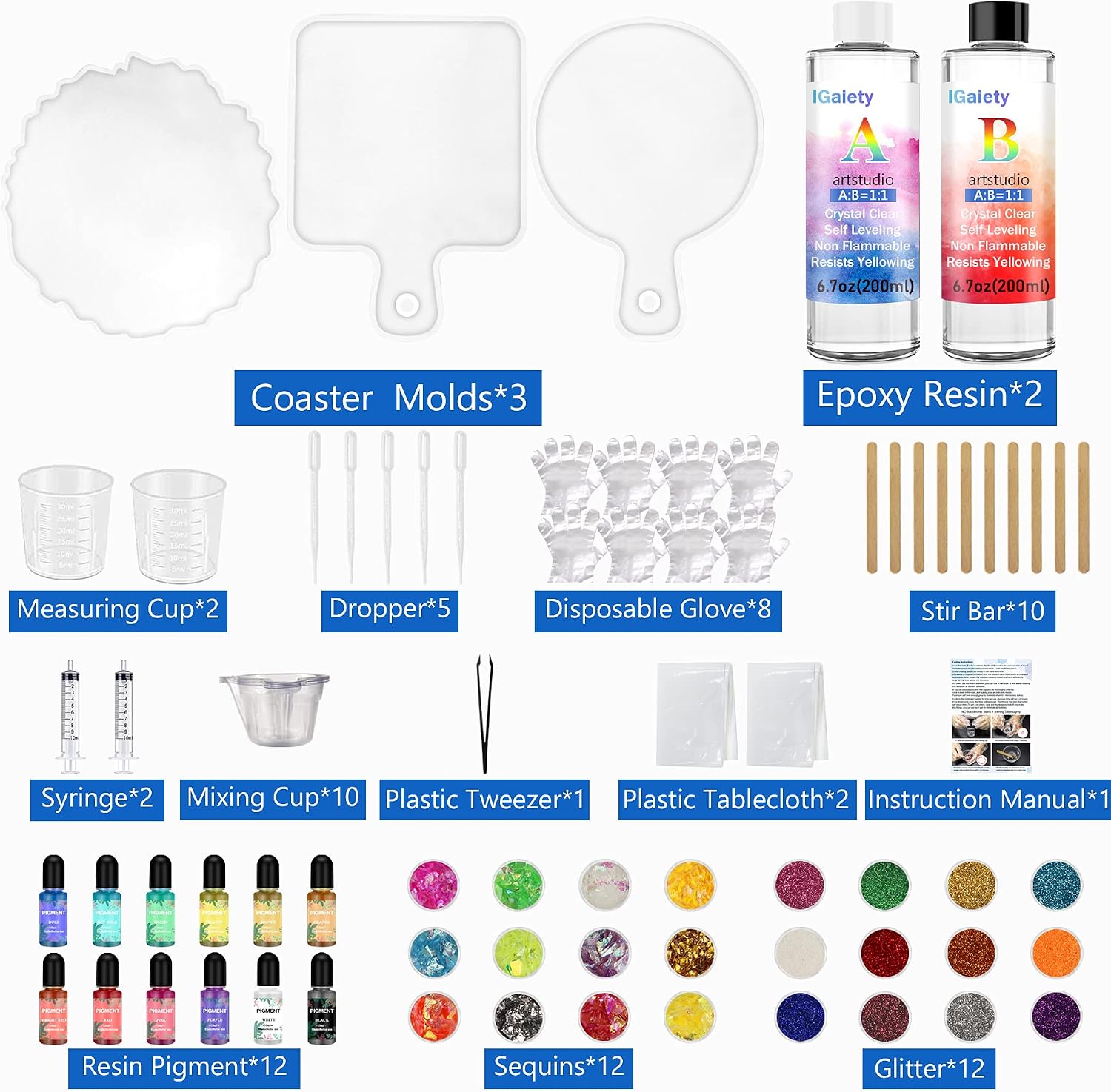 Resin Coaster Molds Silicone Kit Cutting Serving Board Mold with DIY Geode Tray Molds Pigments Tools 82 Pcs for Starter Beginners Bundle Epoxy Resin Coasters Casting Kit Cup Mats Home Decoration Set
