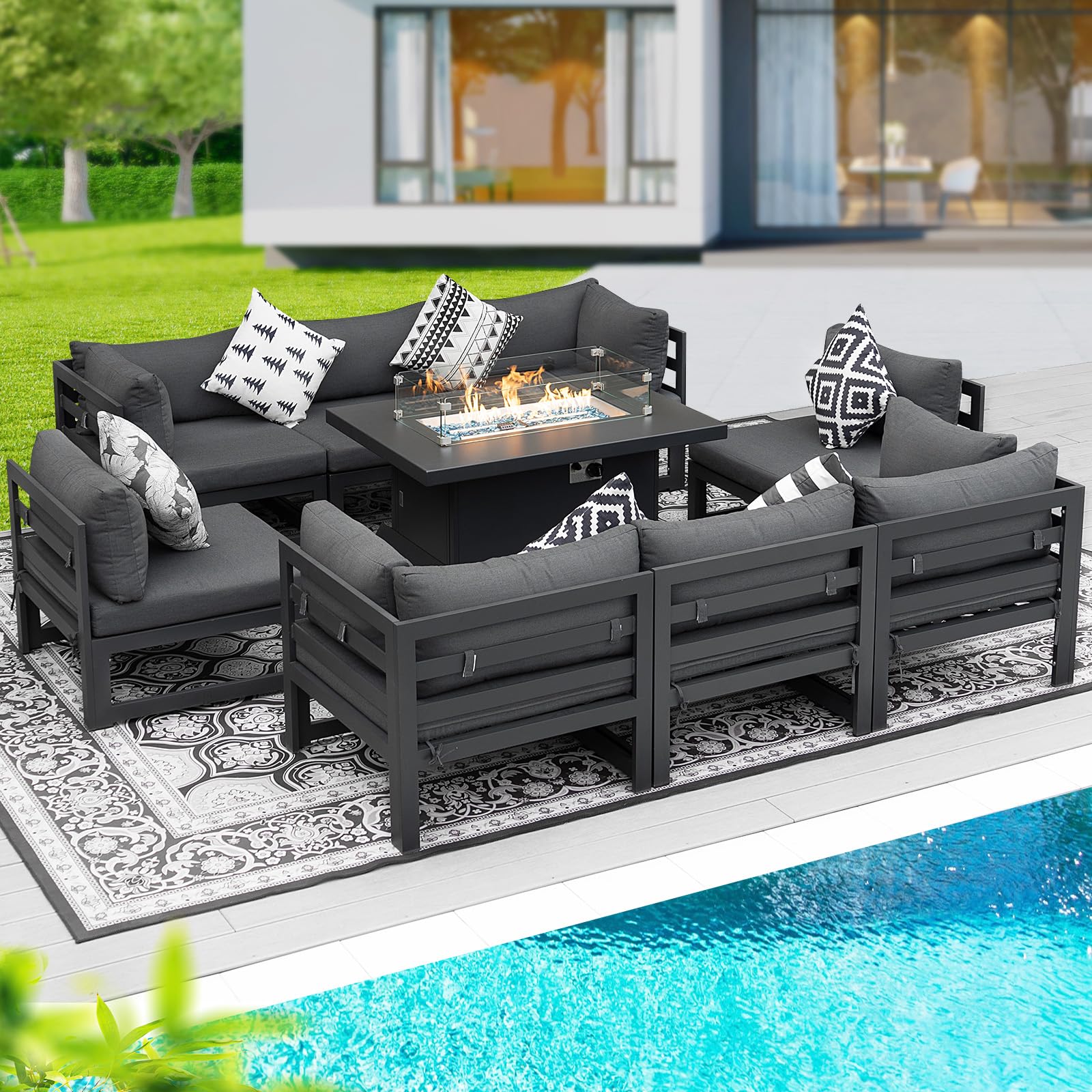 BULEXYARD 9 Piece Modern Aluminum Outdoor Patio Furniture Set with Fire Pit Table Propane/Gas, Large All-Weather Modular Sectional Couch, 29" Wide