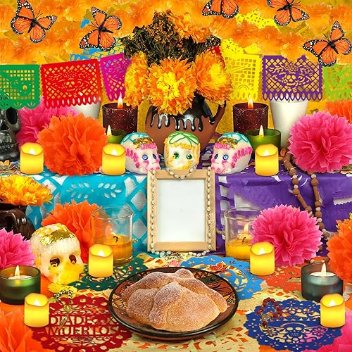Miniatura 2 de 46 piezas de decoración Día de los Muertos Día de los Muertos incluye 4 guirnaldas de caléndula 12 velas sin llama, 2 piezas de pancarta mexicana,
