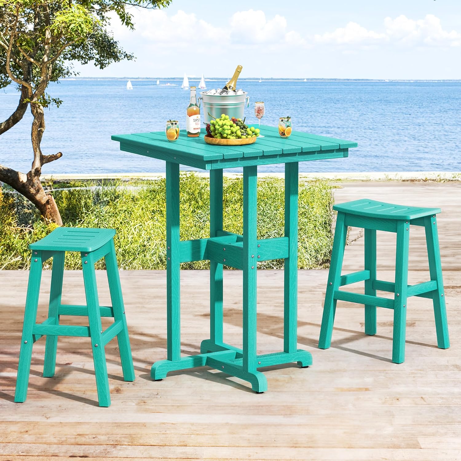 3-Pieces Patio Table and Chairs Set, HDPE Outdoor Bar Stools Set of 2 and High Top Bar Table, Patio Bar Set for Balcony, Backyard, Turquoise