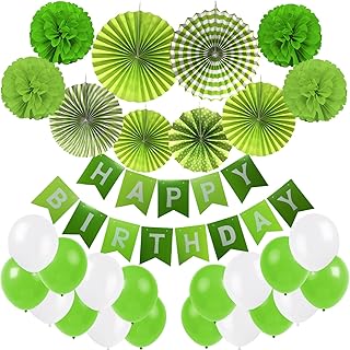 Decorazione di compleanno, banner di buon compleanno, pom pom di carta velina, set di ventagli di carta appesi e palloncini da 20 pezzi per tutte le decorazioni per feste di compleanno - Verde