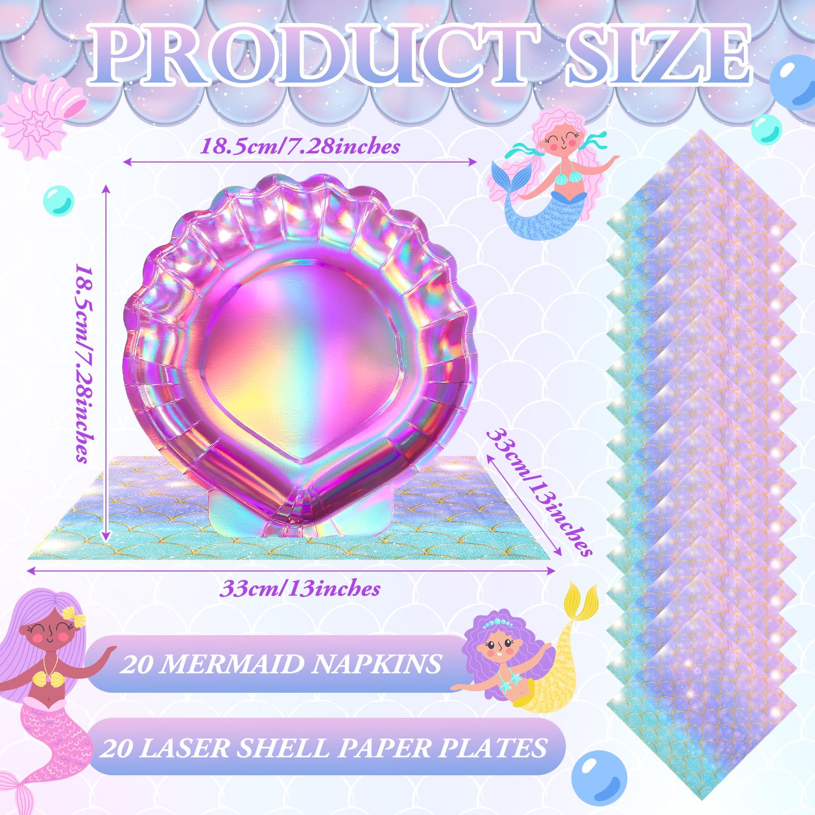 Gersoniel Juego de 40 piezas de suministros de fiesta de sirena morada, 20 platos de concha de almeja y 20 servilletas de escamas de sirena, decoraciones de fiesta, platos de papel desechables y