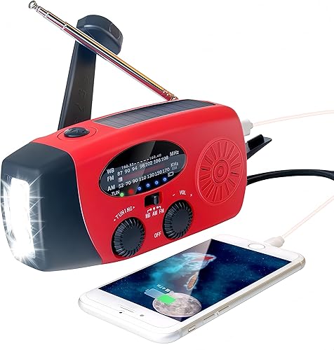 Radio meteorológica de emergencia, manivela, 4000 mAh, portátil, carga solar, con AMFMNOAA, 3 linternas LED, sensor de movimiento, lámpara de
