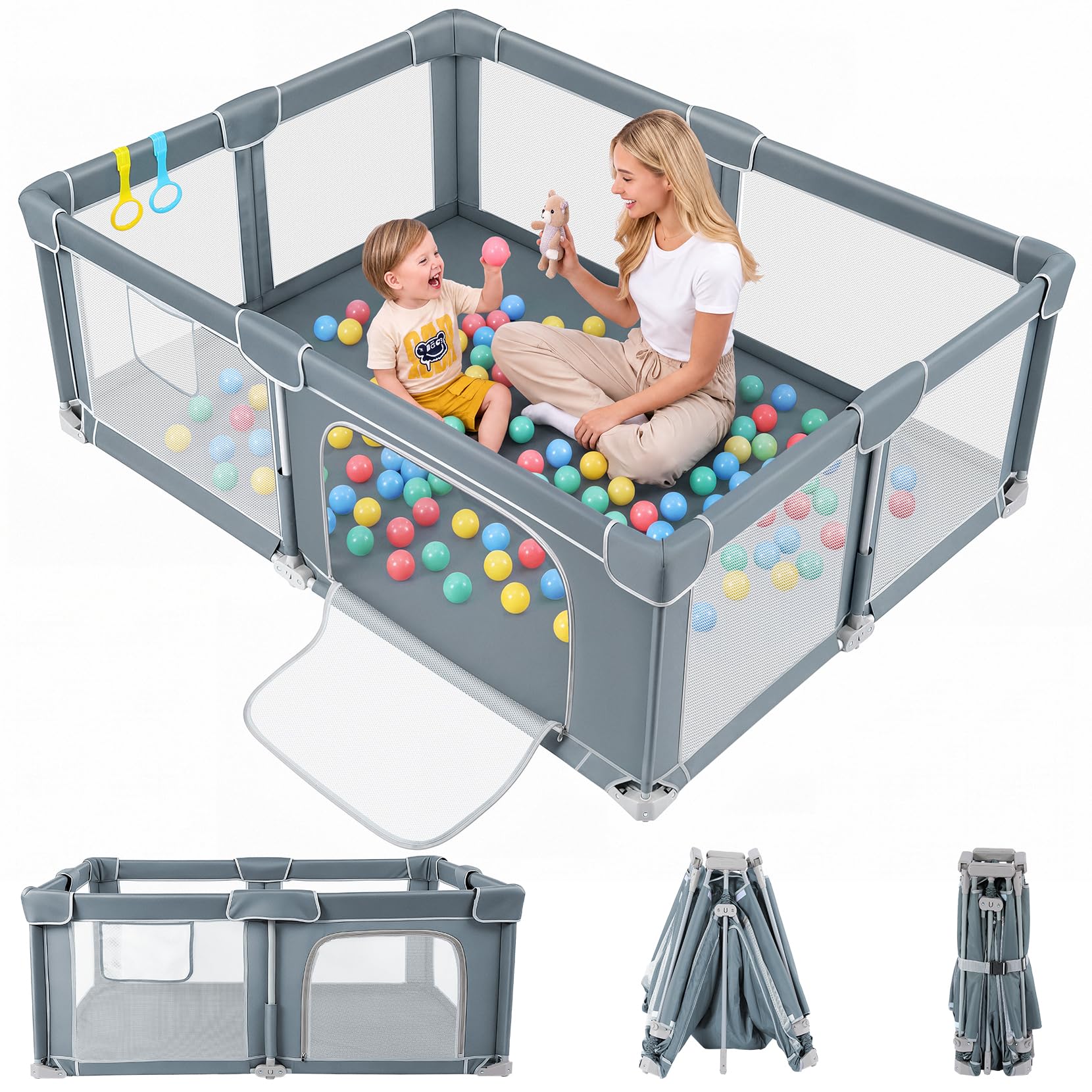 Dripex Faltbar Laufstall Baby mit Matratze,Laufgitter Für Baby und Toddlers | 20-Sekunden-Faltbar, Sicherheit: gepolsterte Ecken & Geländer, Bälle & Zugringen, Grau, 150x180x68 cm, ideal für Reisen