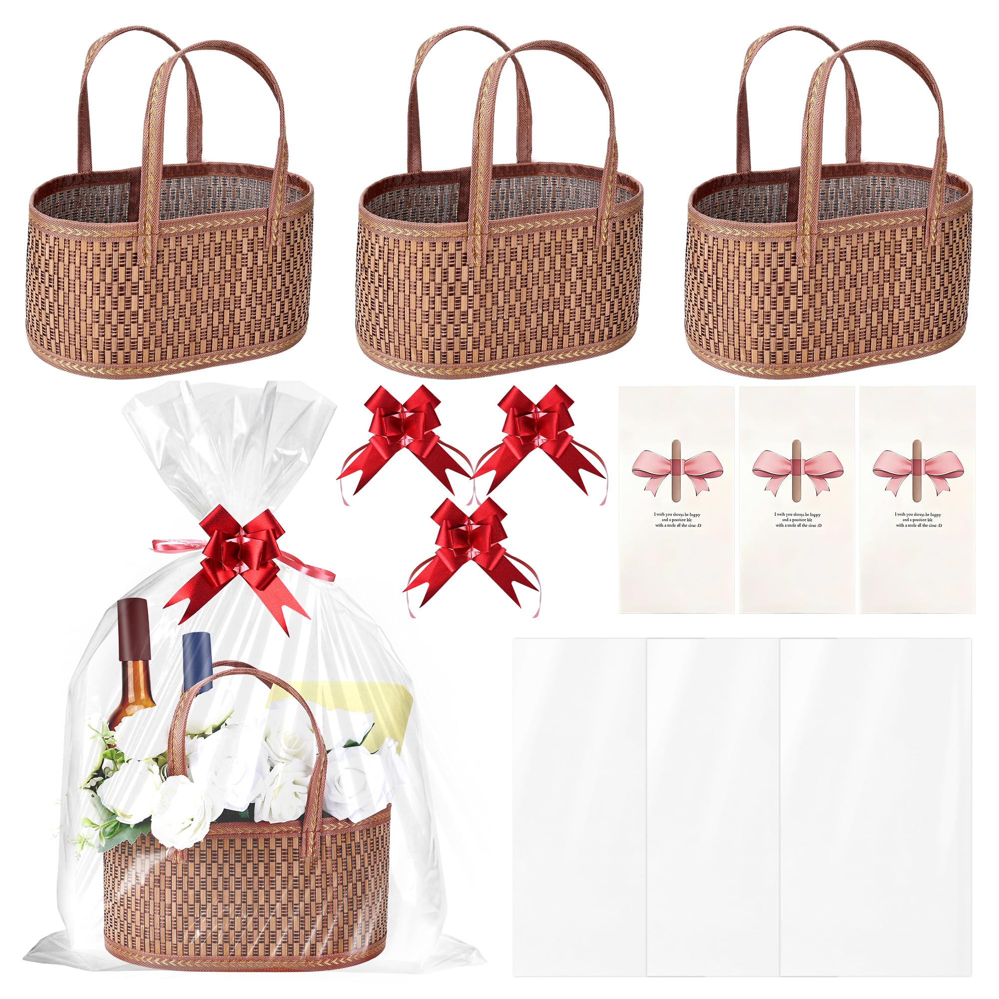 HOMIEE 3 Pcs Empty Hamper Basket Woven Gift Basket Foldable with 3 Pull Bows, 3 Greeting Cards, 3 Wrap Bags Large Hamper Baskets with Handle for Baby Shower, Birthday, Christmas, Party(Brown)