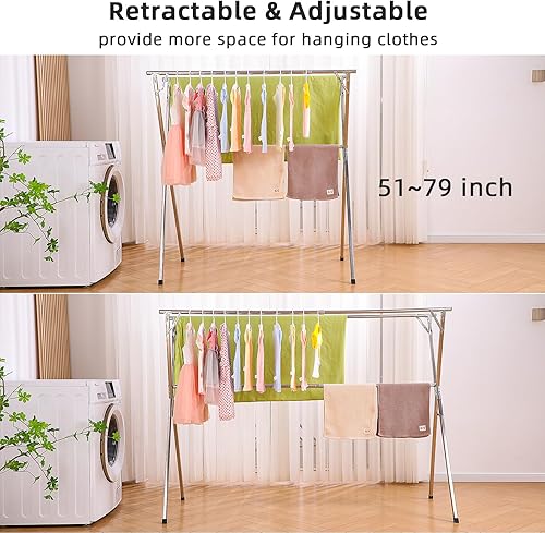 Miniatura 2 de funest Tendedero de secado de ropa, 79 pulgadas, ajustable y plegable, de acero inoxidable resistente, con 20 ganchos, 12 clips, adecuado para