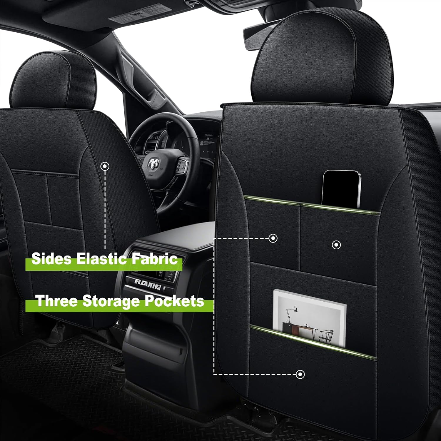 TTX LIGHTING Seat Covers Fit for Dodge RAM 1500 2500 3500 2002-2025 2026 Crew Quad Regular Cab Front Truck Pickup Seat Covers(Flat Bench, 2PCS Front, Blackline)