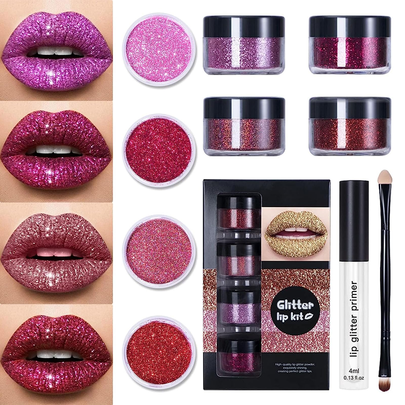 Animakeup Kawaii Kisses Glitter Lip Kit 4 Colors - Blueberry Pie, Metallic & Shiny Diamond Finish with Lip Primer & Brush