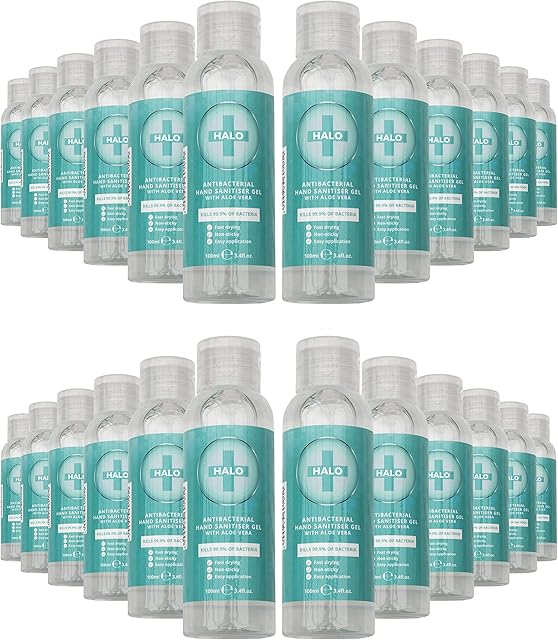 Halo KML Hand Sanitiser Skin Soothing Gel - 100ml - Pack of 24 - Antibacterial & Kills 99.9% Germs - Fast Acting Formula - 75% Alcohol Solution - Disinfectant Infused With Aloe Vera