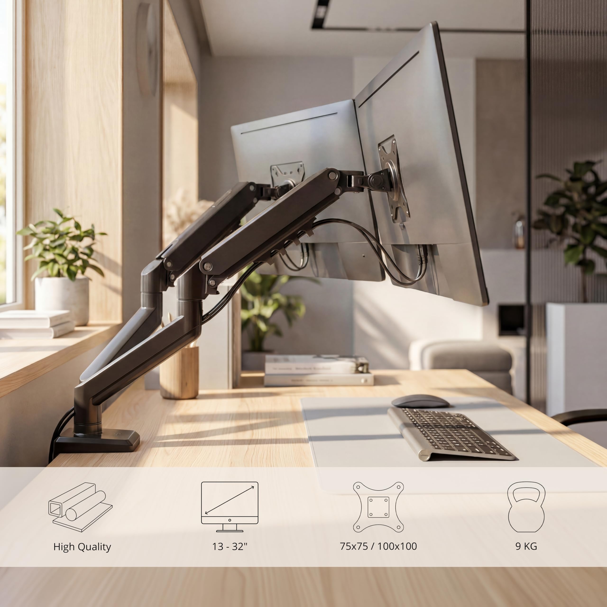 hjh OFFICE Supporto per 2 monitor da 13-32 pollici, VESA, regolabile | Braccio per monitor con portata fino a 9 kg per braccio, supporto per monitor regolabile in altezza, con morsetto da tavolo