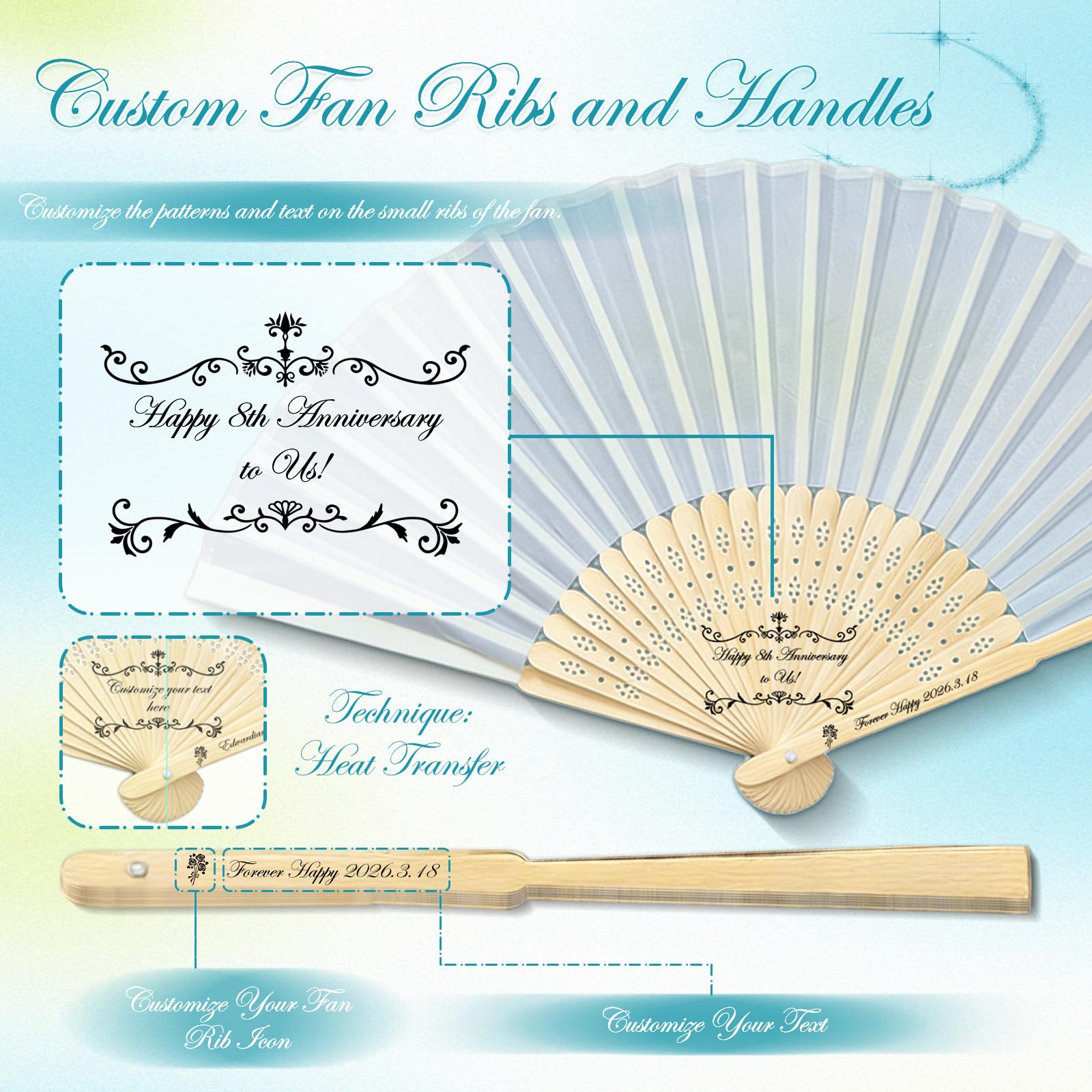 30 éventails de mariage personnalisés pour invités–Tissu avec noms et date sur mesure, manche en bois gravé–Cadeaux uniques pour enterrements de vie de jeune fille, anniversaires et remises (Style 1)