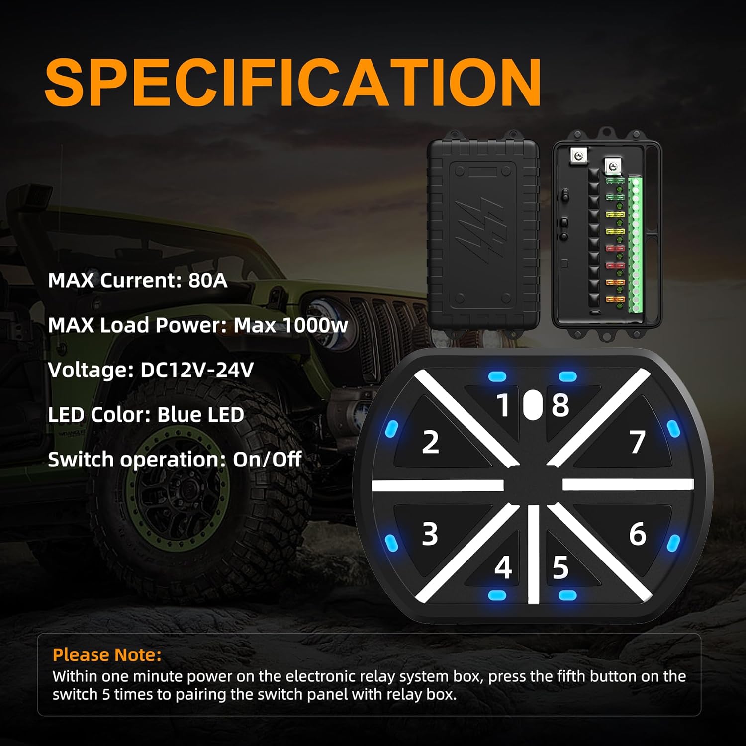 Joinfworld 8 Gang Switch Panel Universal Circuit Control Relay System Box Automotive Rechargeable Remote Wireless Control Panel with On-Off Blue LED for Car Truck Boat UTV SUV RV