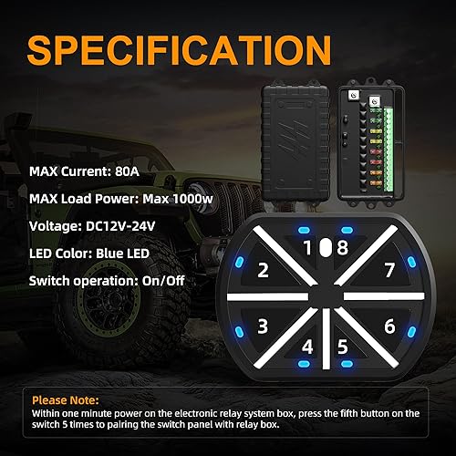 Vista 2 de Joinfworld Panel de Interruptores de 8 Posiciones Sistema de Relé de Control de Circuito Universal Caja Automotriz Recargable Panel de Control