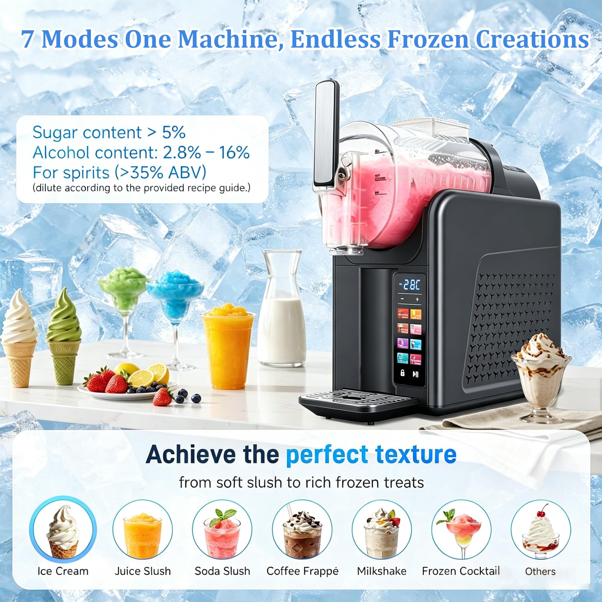 Machine à Granita sans Glace, 2 en 1 : Boissons Glacées Et Crème Glacée Molle, Auto-Refroidissante avec 7 Programmes Prédéfinis, Panneau Tactile Et Nettoyage Automatique Black-twincylinder