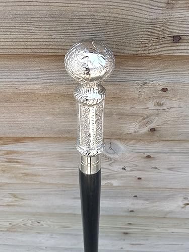 Miniatura 2 de Bastón de madera con mango de pilar en relieve, acabado de níquel, bastón de madera con mango de pilar en relieve de latón y acabado de níquel,