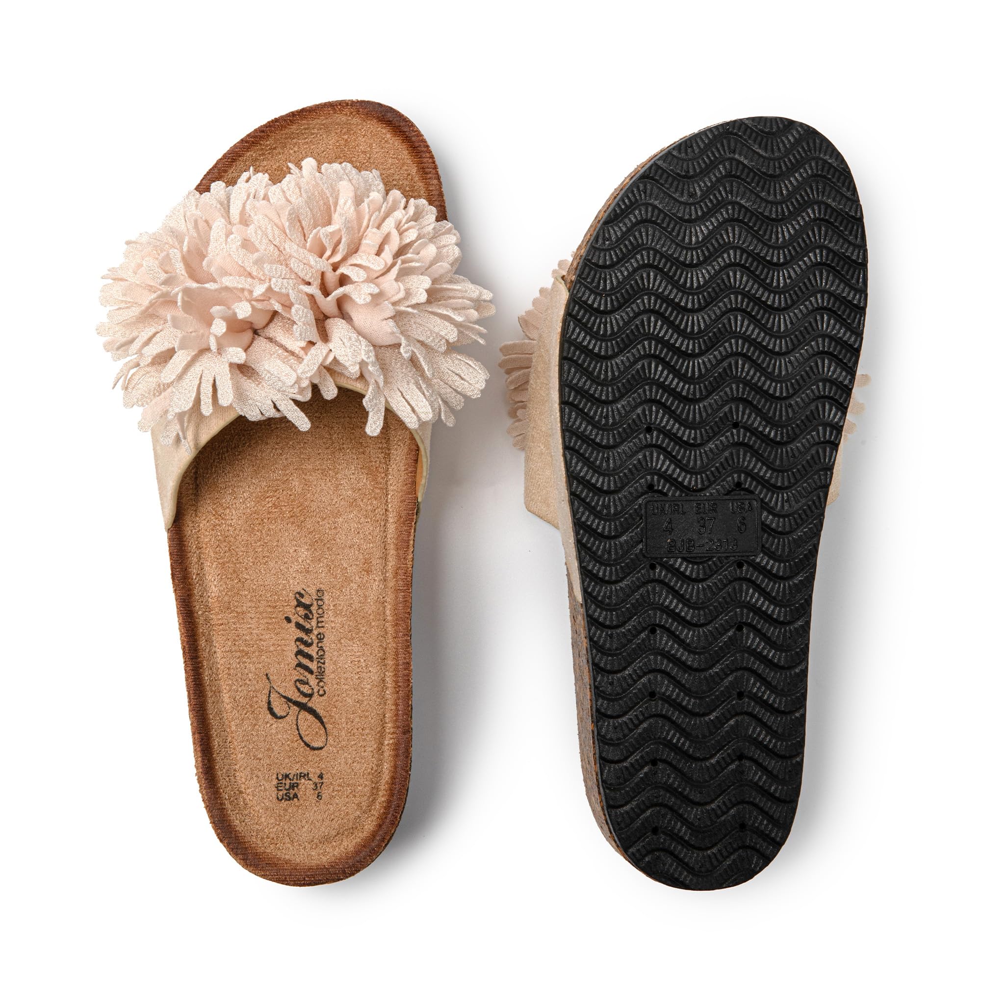 JOMIX Pantoletten Damen Sommer Sandalen mit Kork Fußbett Elegant Flach Strandsandalen Weiche Blumen Wandern Meer Strand Slipper