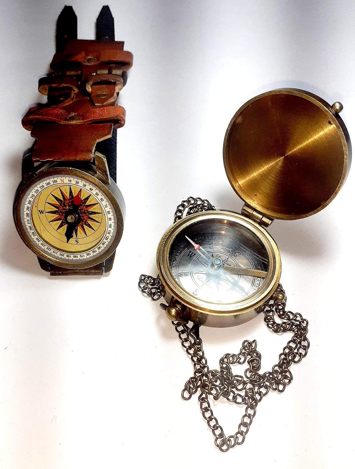 Antique Brass Pocket Compass with Lather Hand Watch Compass