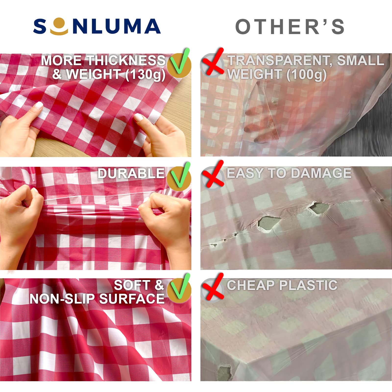 Sonluma - Confezione da 12 tovaglie in plastica usa e getta a scacchi rossi di alta qualità, 274,3 x 137,2 cm, per tavoli rettangolari lunghi 2,4 m, coperture impermeabili per interni ed