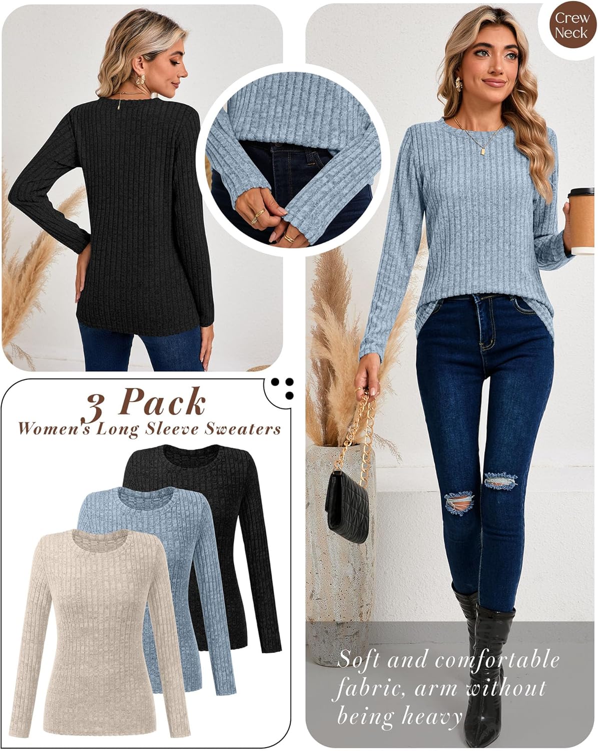 Huukeay 3 Pack Women's Long Sleeve Sweaters, Lightweight Crew Neck Shirts Regular Fit Tunic Tops Casual Solid Color Pullover - Image 4