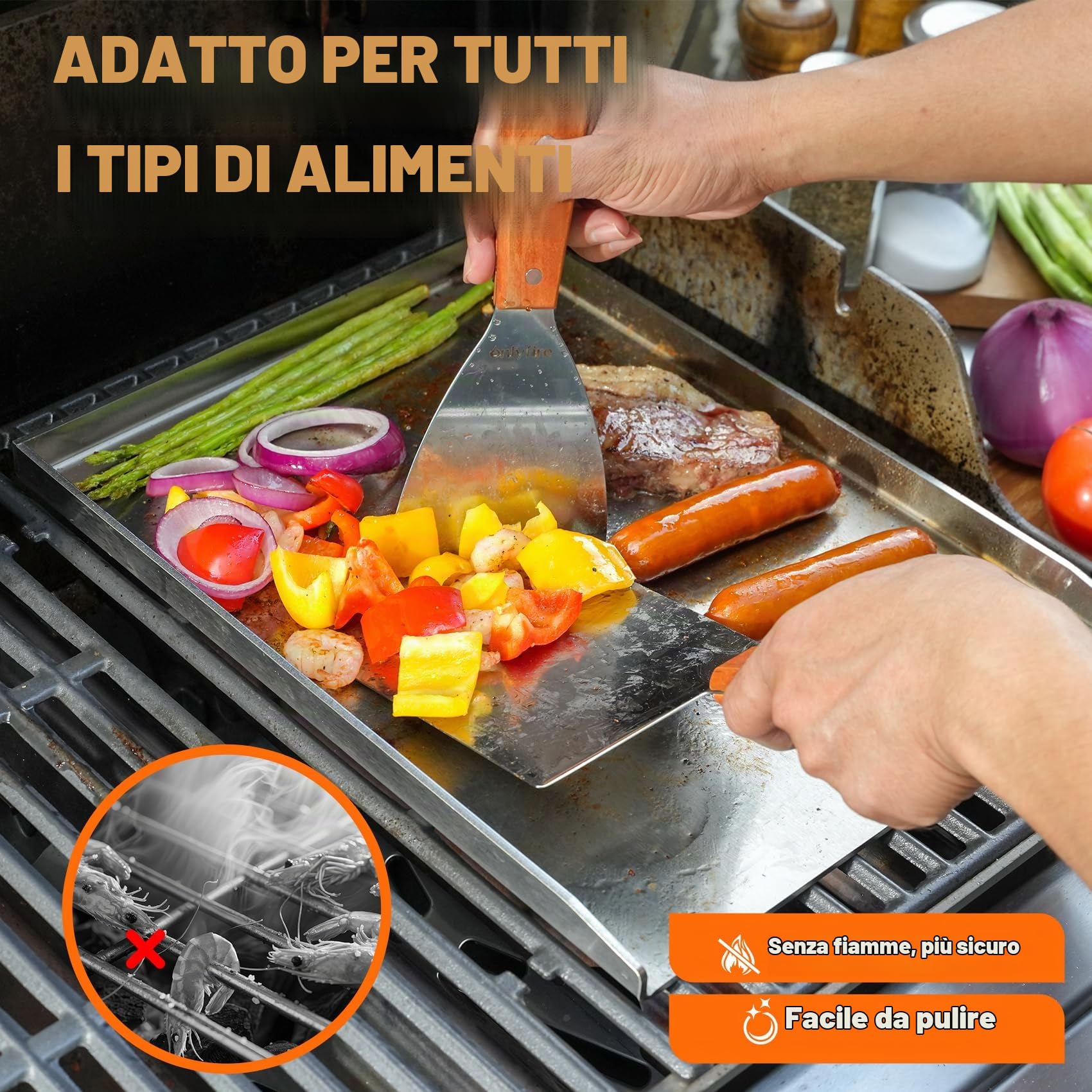Onlyfire Piastra per Grill in Acciaio Inox con 1 Raschietto per Barbecue e 1 Spatola per Piastra per BBQ a Carbone o a Gas, Accessori per Griglie, 40×30×2.5 cm