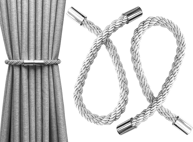 Aocar Magnetic Curtain Tiebacks, Handmade Curtain Rope, Drapery Buckle (Silver)