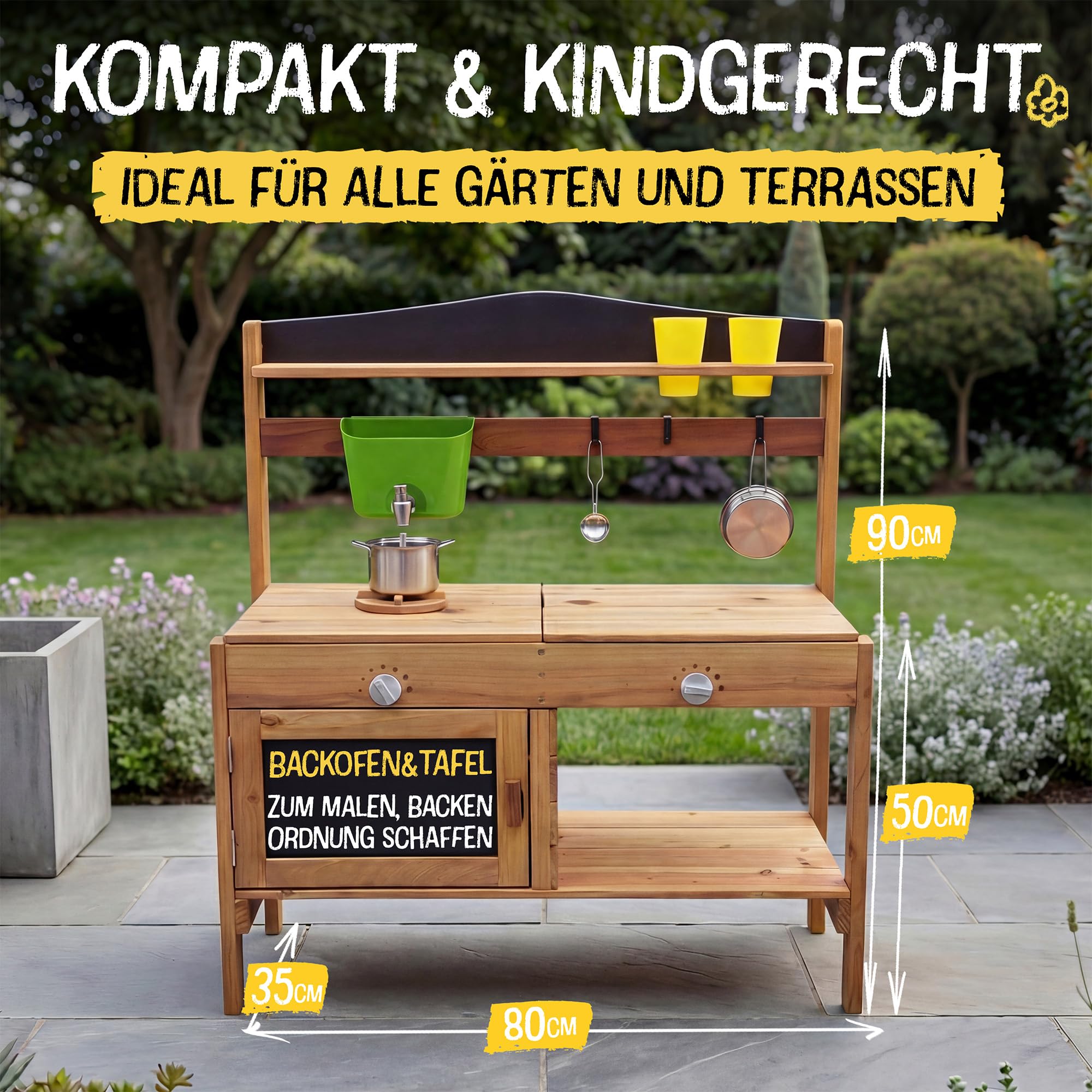 FRIEDO Matschküche Kinder Outdoor mit Schutzlasur I Inkl. Ofen und Zubehör wie 1,2 L Wasserspender, Töpfen etc. I Lasierte Gartenküche wettersicher I Sommer Kinderküche für den Garten I Mud Kitchen