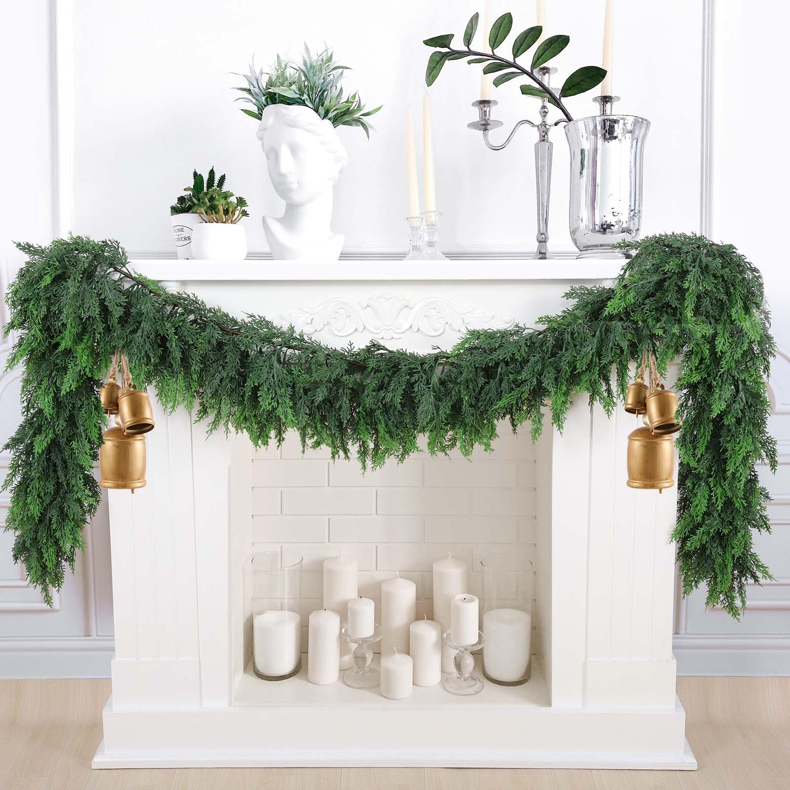Rowfad Lot de 2 guirlandes de cèdre de Noël de 2,7 m - Guirlande de verdure artificielle verte réaliste pour table, cheminée, mur, intérieur et extérieur - 2,7 m