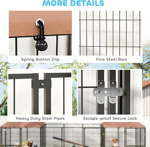 Miniatura 8 de PawHut Perrera para perros grandes al aire libre con 2 habitaciones, perrera resistente con cuencos giratorios y de altura ajustable, toldo