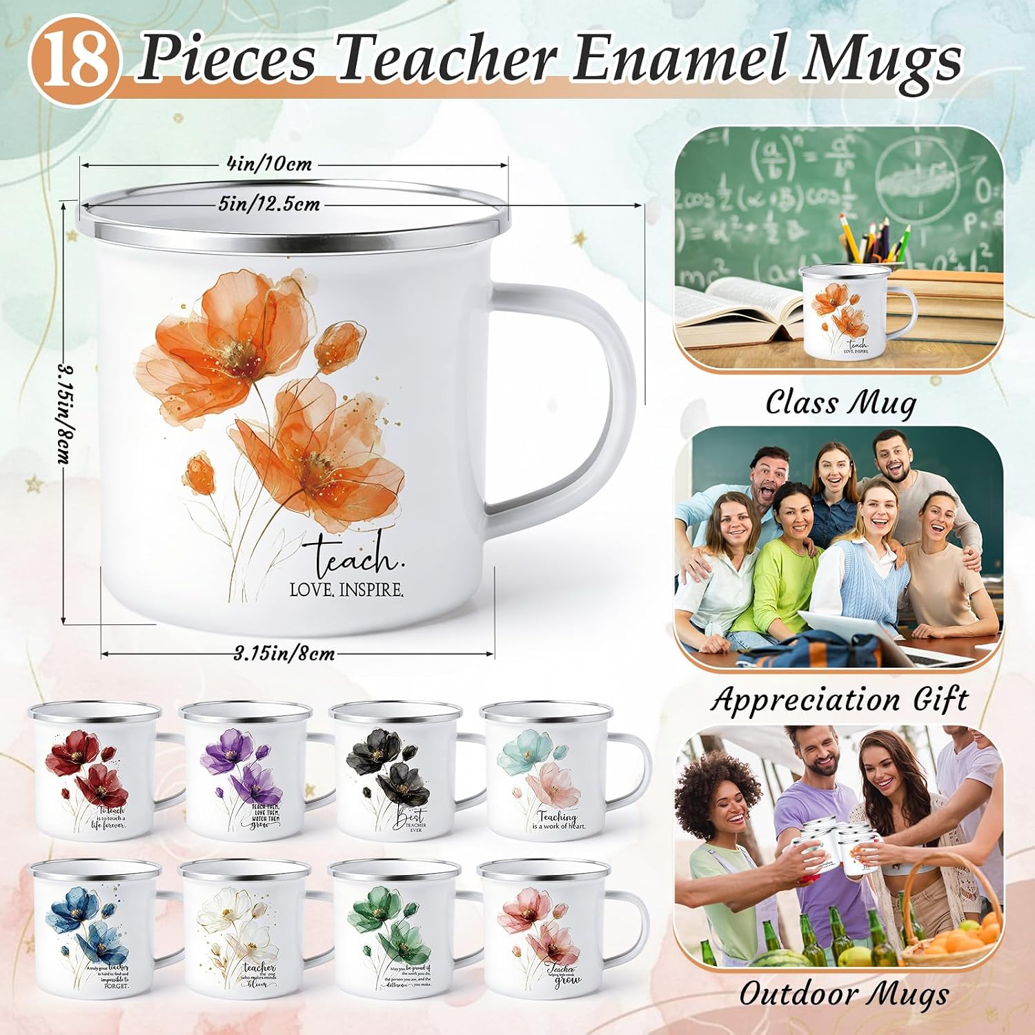 18 Pcs Teacher Appreciation Gift Bulk 12 oz Enamel Coffee Mug Teachers Thank You Gifts for Graduation Teacher Week from Students School (Flower)