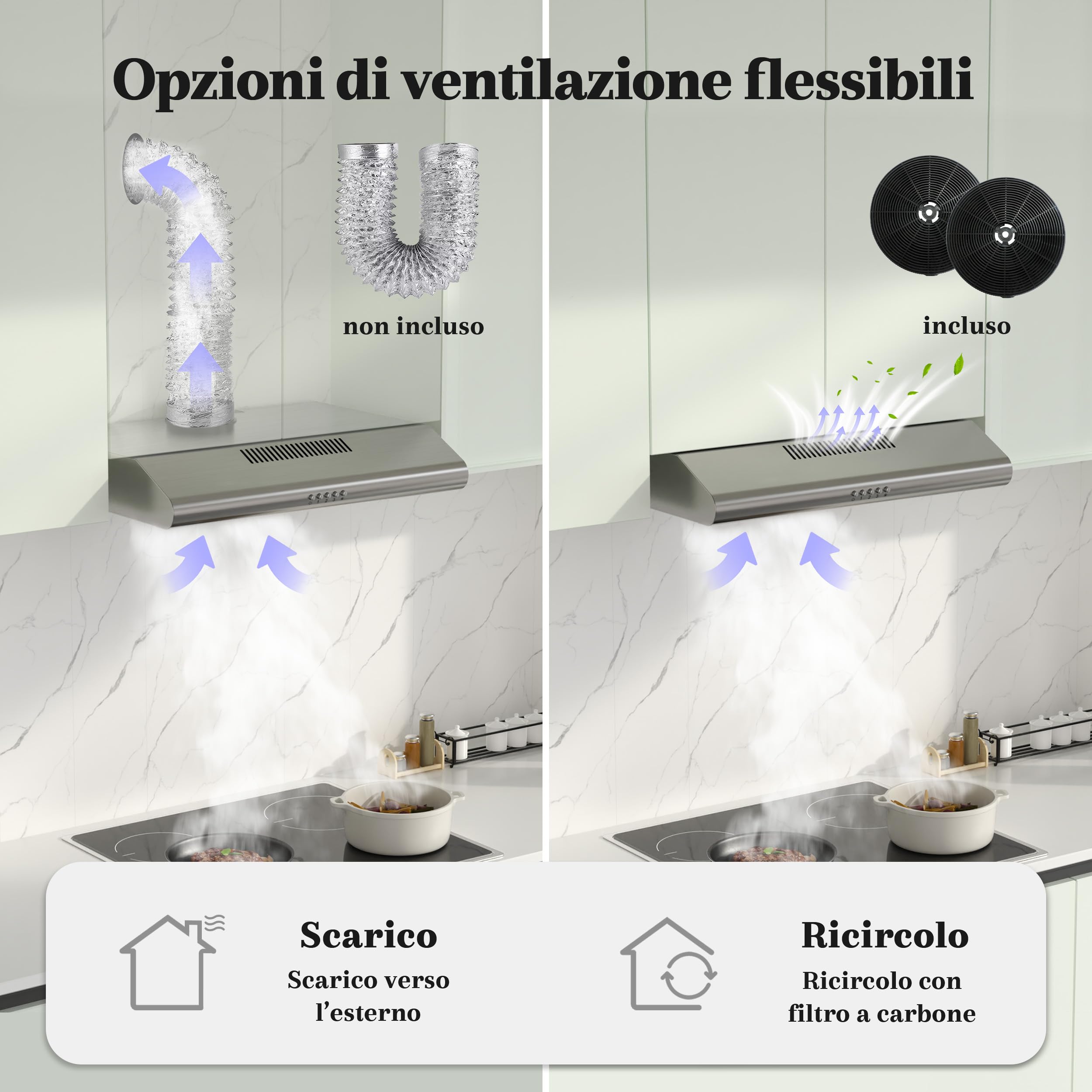 FIREGAS Cappa Aspirante 60 cm in Acciaio Inox, Classe A++ con Motore Brushless, 319m³/h, Ultra Silenziosa 46dB, Scarico Superiore/Posteriore o Ricircolo, 2 Filtri a Carbone Inclusi, LED 2W