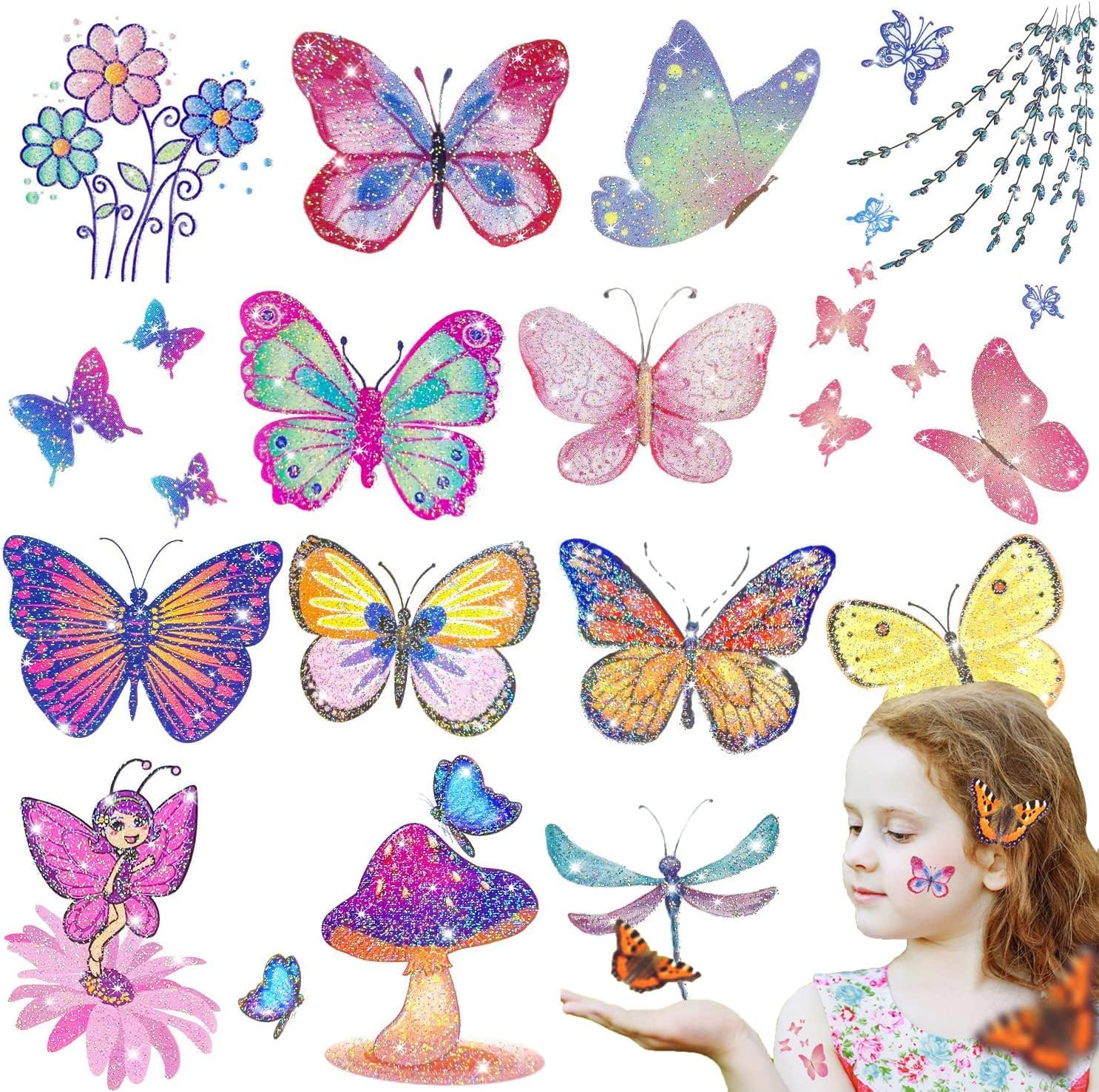 ELECDON Butterfly Glitter Tattoos for Kids, Temporary Tattoos for Girls Party Bag Fillers, Birthday Decorations, Gifts Ornaments for Party Supplies Favours, 130 Styles