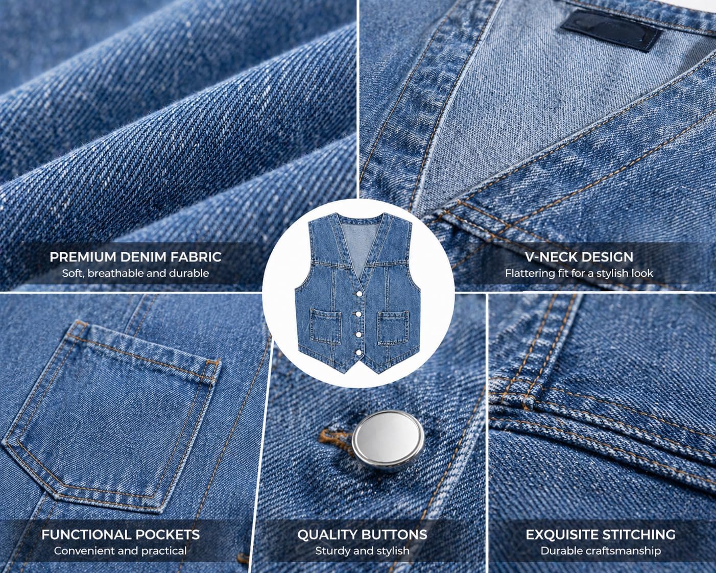 Cropped Denim Vest for Women, V Neck Button Down, Blue Jean Vest Top, Western Style