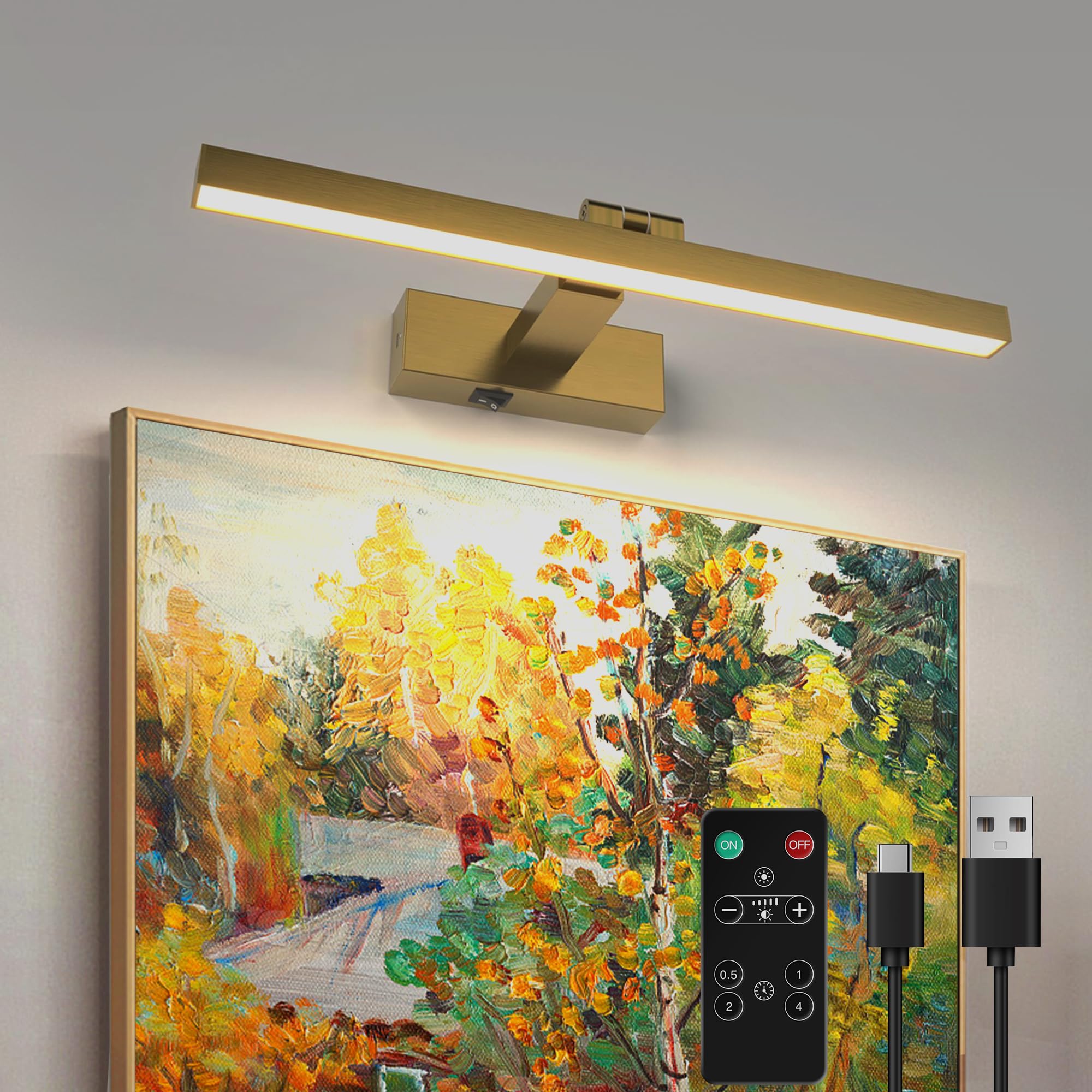 ZitoStory Picture Lights for Wall Antique Brass Dimmable Wireless Picture Lights for Paintings LED Wall Light Fixtures Adjustable Wall Sconce with Remote (Antique Brass, 16inch) 3000K