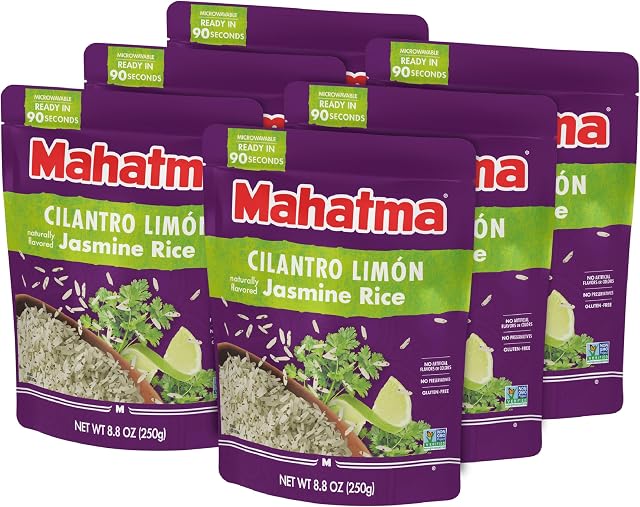 Mahatma - Arroz de jazmín con sabor a cilantro y limón listo para calentar, arroz precocido, apto para microondas en 90 segundos, 8.8 onzas, paquete de 6 | Single-serve 8.8-ounce instant rice pouches, microwaveable in 90 seconds, vegan, gluten-free, non-GMO