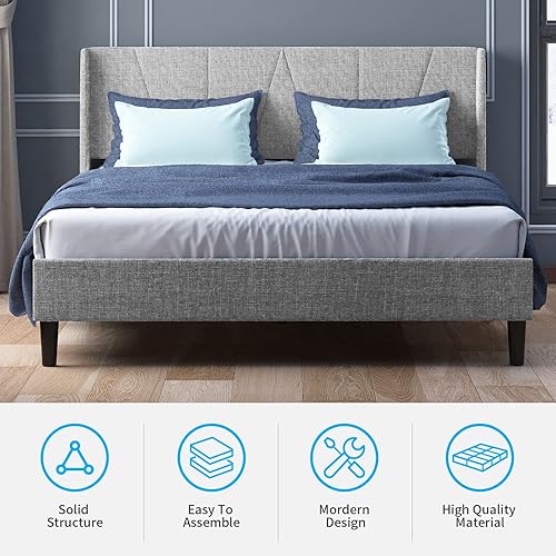 Miniatura 6 de Mjkone Marco de cama tamaño King, plataforma de tapicería de lino con cabecera con respaldo de ala, cama de plataforma con soporte de listones de
