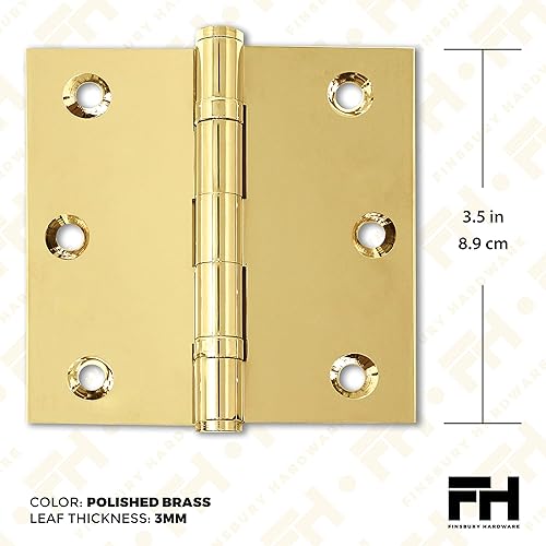 Miniatura 2 de Bisagra de puerta de latón macizo, rodamiento de bolas, oro brillante pulido de 3.5 x 3.5 pulgadas, con puntas decorativas de rosca incluidas, juego