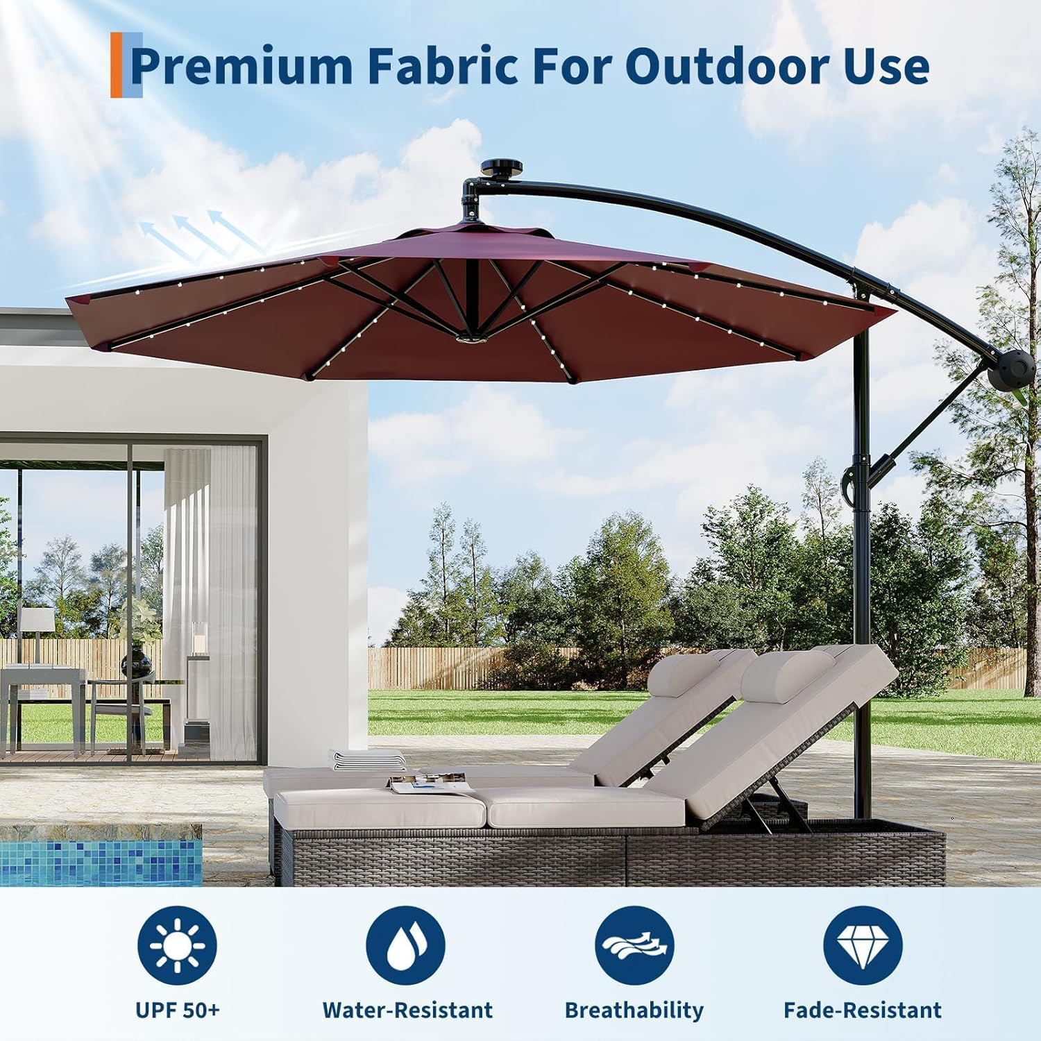 9 ft Patio Umbrella - 8 Sturdy Ribs Outdoor Table Umbrella with Crank Lift & Push Button Tilt - Market Umbrella for Pool, Deck, Yard, Garden - Dark Red