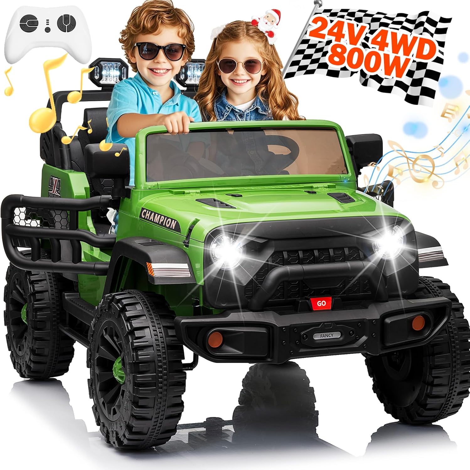 24V Ride on Truck Car 2 Seater XL w/800W Power Wheel, 4WD/2WD Switchable, Remote Control, 10AH Battery, 20'' Wide Seat, Bluetooth, LED Light, Electric Vehicle for Boy Girl, Green